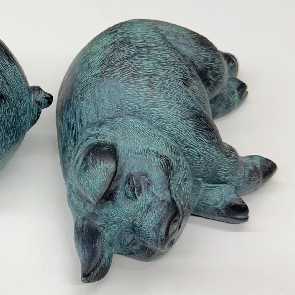 Vintage Style Verdigris Faux Bronze Pig Figurines Set‎ of 2 Farmhouse Decor Teal